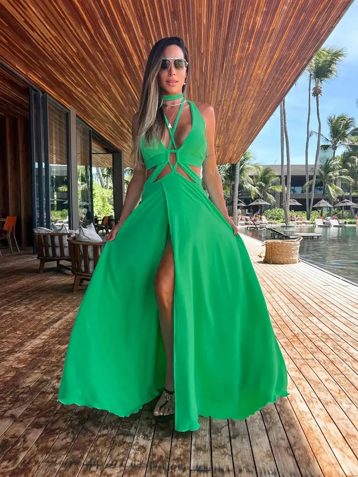 2024 Fashion New Women's Sexy Vacation Dress Solid Long Dress Cut Out Exposed Waist High Slit Suspender Long Skirt - Lootquake