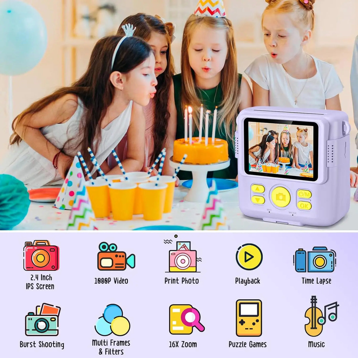 Appareil photo numérique à impression instantanée Gofunly pour enfants, appareil photo thermique 2,4 pouces 1080p, jouet pour enfants de 6 à 12 ans