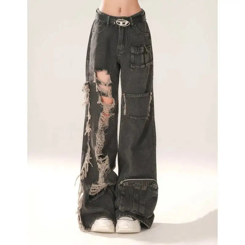 High Waist Ripped Women's Black Jeans Hip-hop Style Fashion Vintage Streetwear Y2K Wide Leg Jean 2024 Trouser Baggy Denim Pants - Lootquake