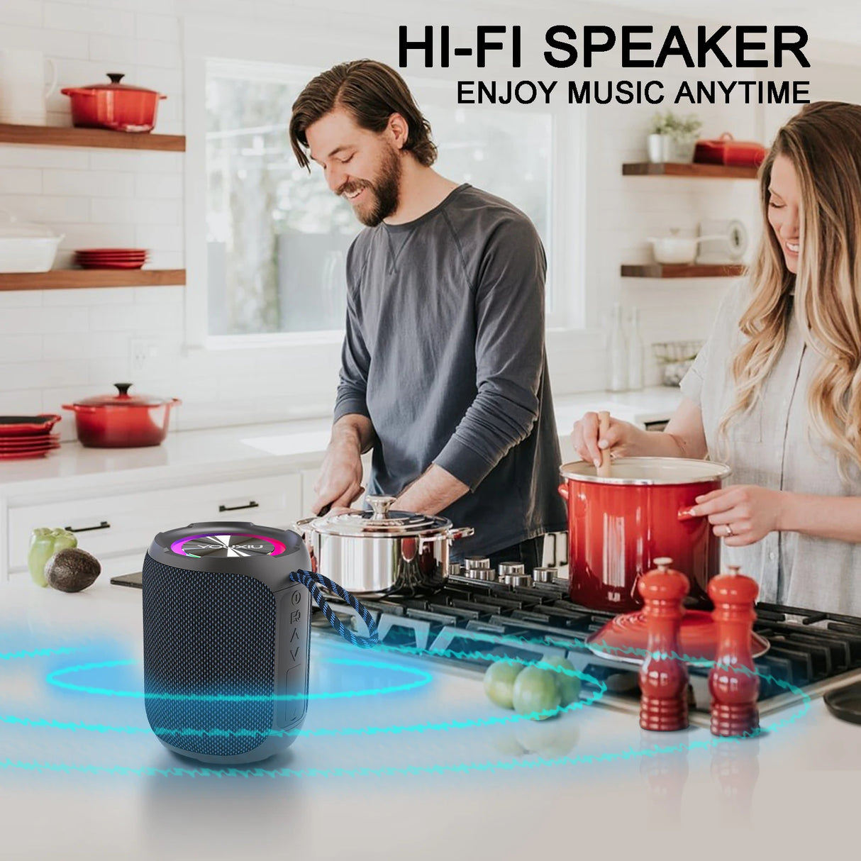 Altavoz Bluetooth portátil BT5.0 IPX7, impermeable, estéreo, música envolvente, inalámbrico, con luz LED, subwoofer, para exteriores.