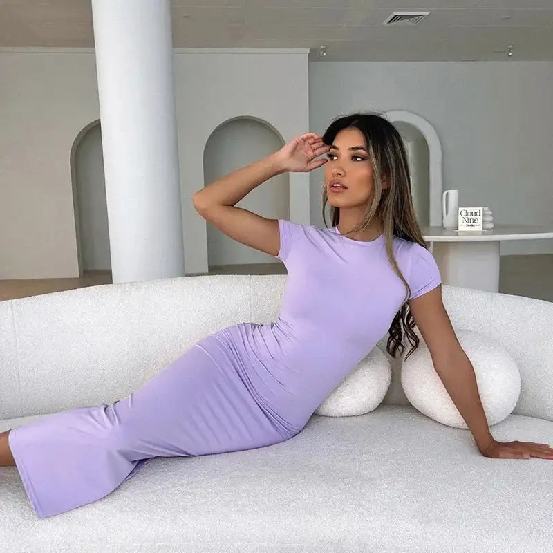 BWQ 2024 Women Solid Color Slim Short Sleeve Casual Pullover Sumer Long Dress Skinny Sexy Daily Dress - Lootquake