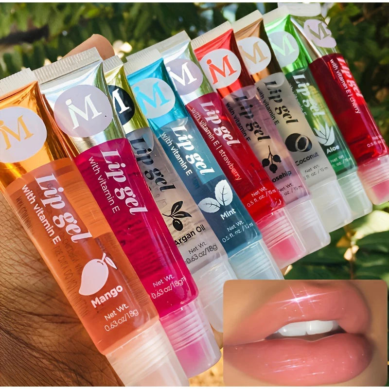 Lot de 6 rouges à lèvres hydratants aux fruits, transparents, à l'huile de rose musquée, à l'argan, à la menthe poivrée et à l'aloe vera, à la noix de coco, longue tenue