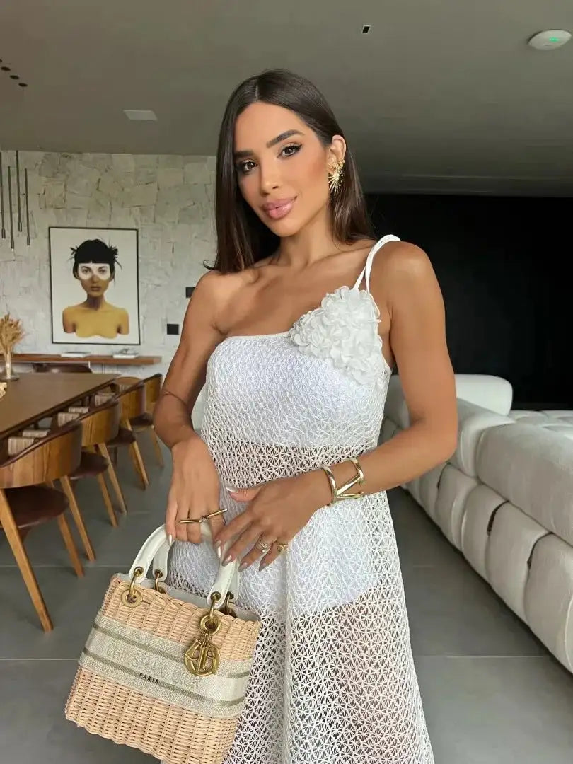 Sexy 3D Flower Long Dress Women 2024 Summer Semi-sheer Party Dresses Elegant Slim One Shoulder Maxi Vestidos Holiday Beach Robe - Lootquake