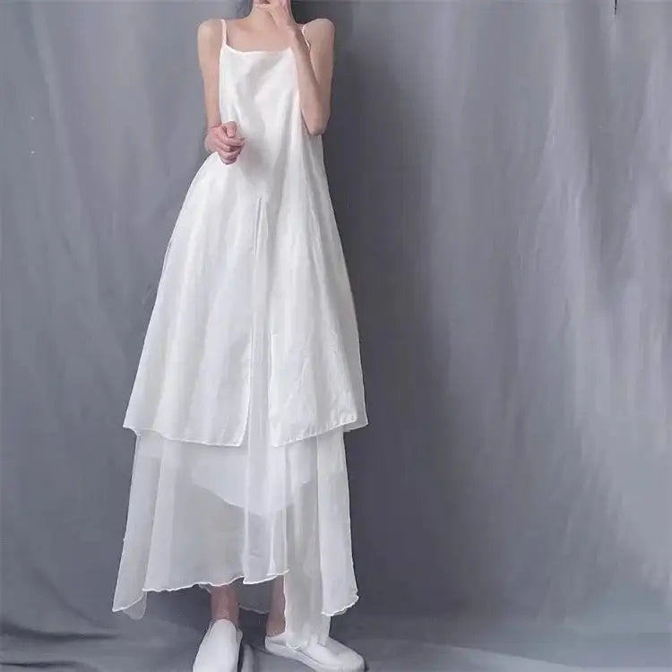 2024 Cotton Linen Women's Summer New Dress Artistic Range Medium Long Dress Sleeveless Tank Irregular Large Flounce - Lootquake