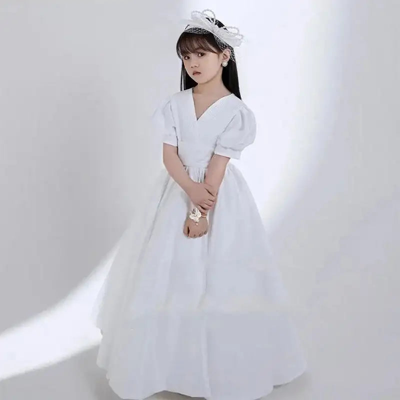 Children's Dress V-Neck White Patchwork Bow Short Sleeve Summer Clothes Fashion Girls Birthday Party Princess Long Dress 3-8year - Lootquake