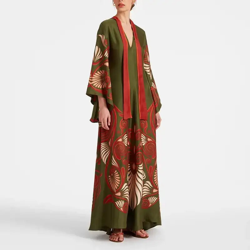 Ethnic Retro Spring Print Boho Long Dress Women Sexy Stand Collar Lace-up Party Dress Fall Long Sleeve Loose Ladies Maxi Dresses - Lootquake