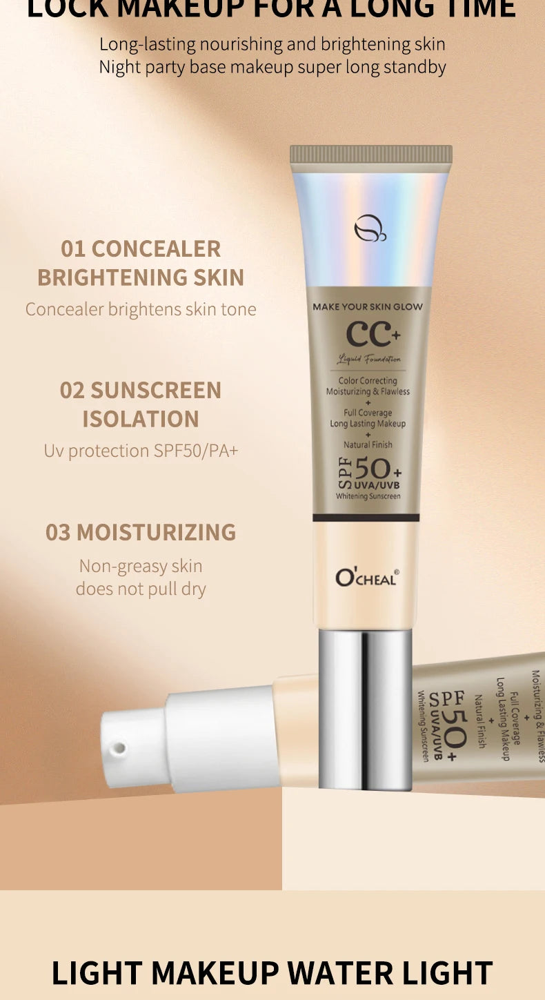 Ocheal 30 g CC Cream Foundation Corrector a prueba de agua Hidratante Protector solar Líquido FPS 50+ Prebase de maquillaje iluminadora de larga duración