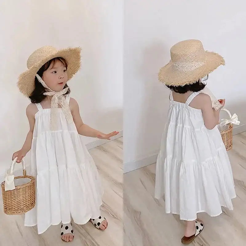 Girls Cotton Solid White Dress Ruffles Kids Strap Dress Summer Sleeveless Toddler Baby Long Dress Girl Clothes 1-6Y Kleid/robe - Lootquake