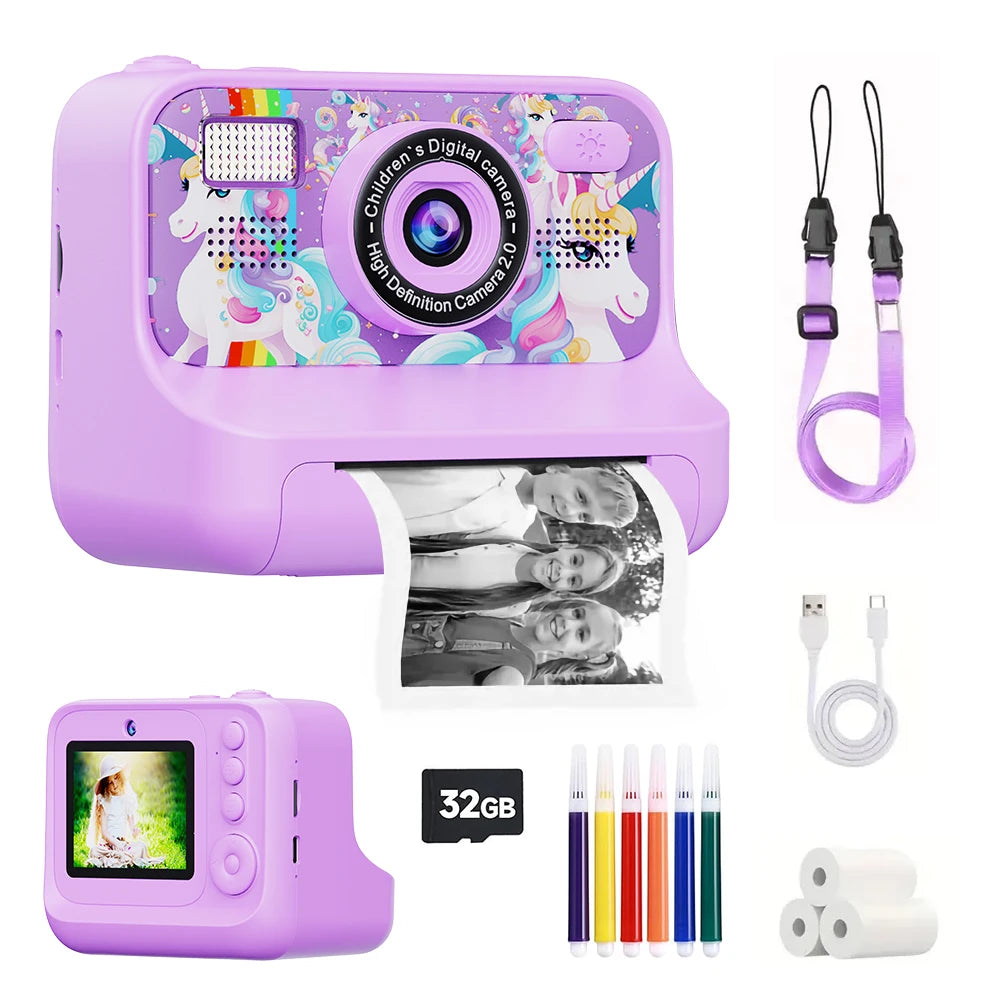 Cámara digital de impresión instantánea de dibujos animados para niños, HD, de 2,4 pulgadas, con 32 GB de capacidad, ideal para cumpleaños, Navidad y otras ocasiones.