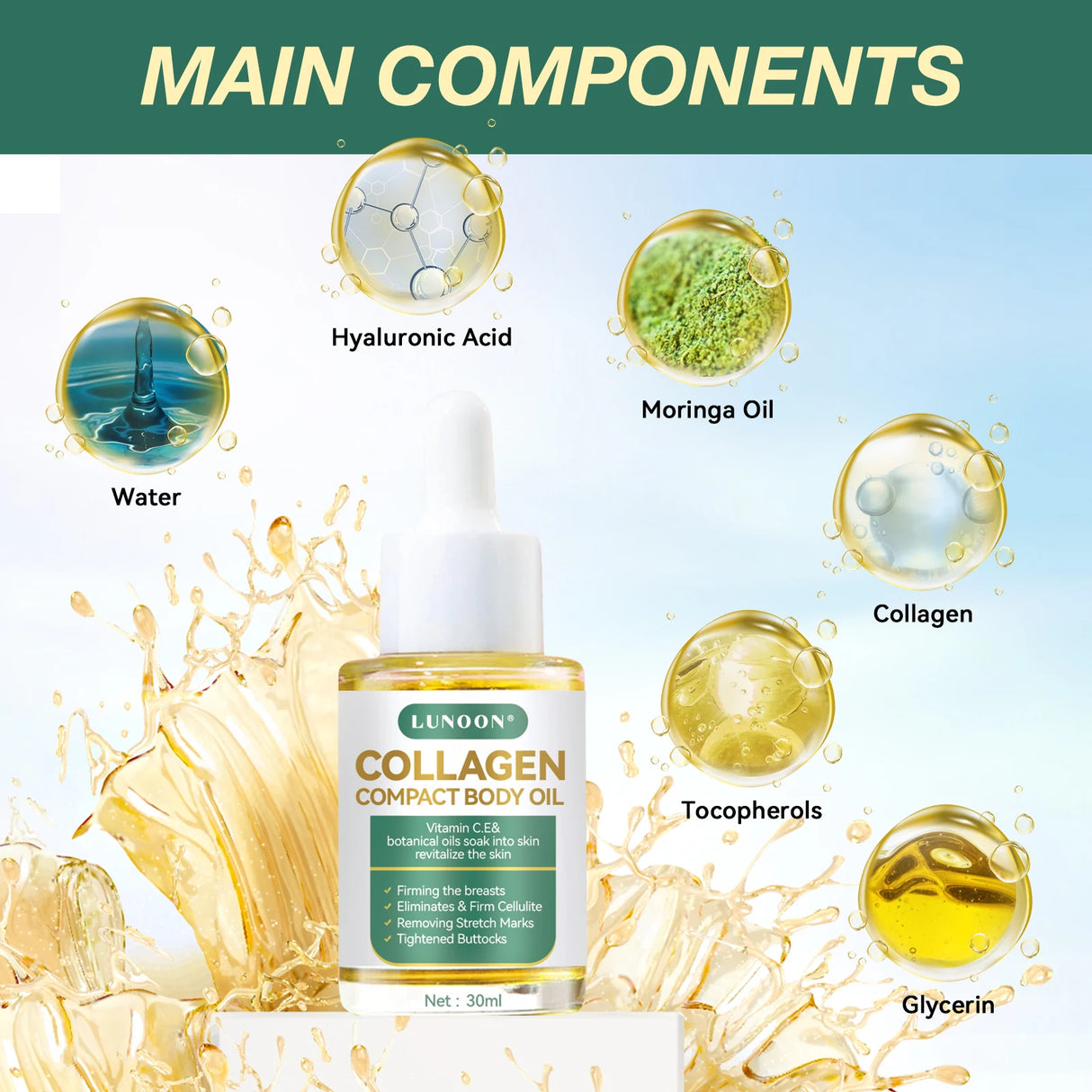 Aceite corporal compacto de colágeno, reduce arrugas y estrías, reafirma el pecho y los glúteos, equilibra las hormonas y cuida la piel de las mujeres.