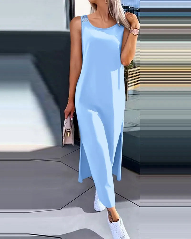 Hollow Out Solid Long Dress Women Fashion Sleeveless O-neck Maxi Dresses For Women 2024 Summer Women's Slim Split Vestidos Black - Lootquake