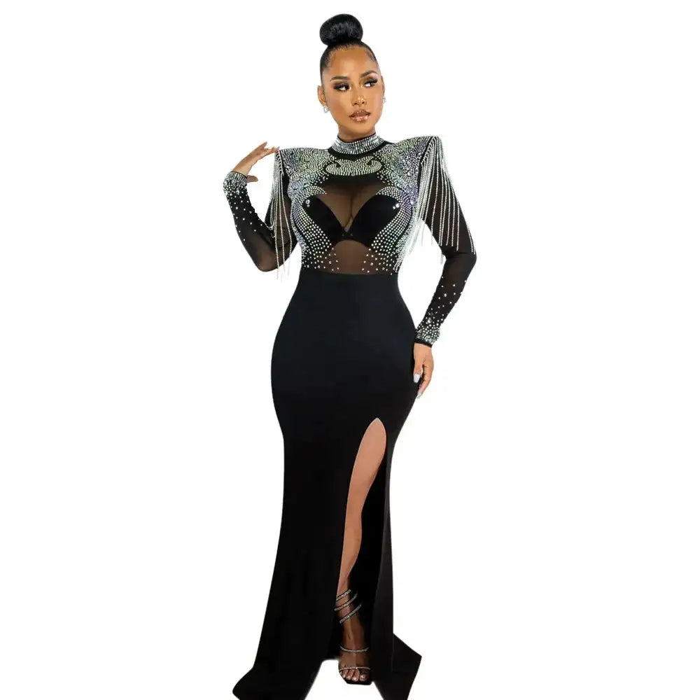 CM.YAYA Women Mesh See Through Long Sleeve Diamonds Hot Rhinestones Mermaid Long Dress Fall Evening Sexy Party Dresses Vestidos - Lootquake