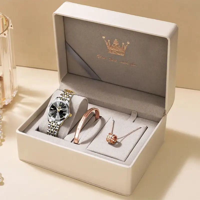 OLEVS Original Brand Elegant Women's Watches Waterproof Luminous Quartz Watch for Lady Necklace Bracelet Gift Box Set Calendar - Lootquake