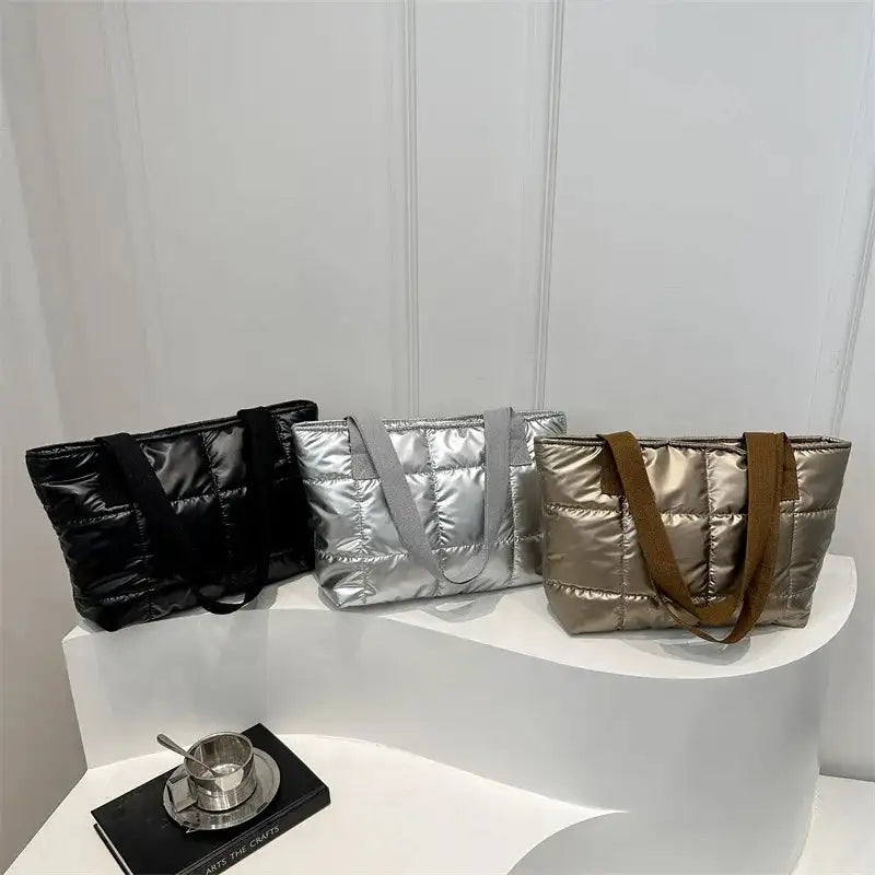 Fashion Ladies Tote Handbags Large Capacity Cotton Padded Shopping Bag Rhombus Portable Handbag Quilted Solid for Leisure Travel - Lootquake