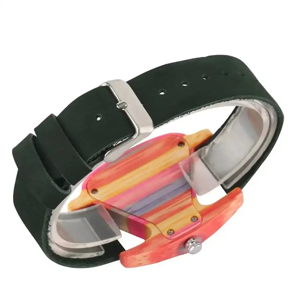 Unique Triangle Women's Wood Watch Creative Colorful Lady Green/ Red Genuine Leather Wristwatch Elegant Womens Watches Top Gifts - Lootquake