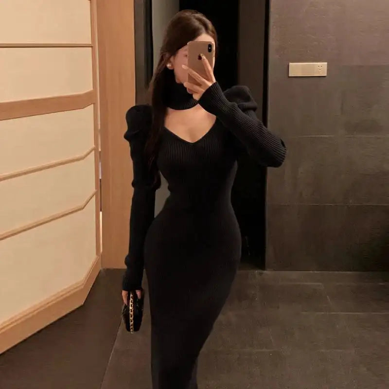 YuooMuoo Chic Fashion Elegant Knitted Long Dress with Neck Scarf 2024 Autumn Winter Ribbed Office Lady Bodycon Sweater Vestidos - Lootquake