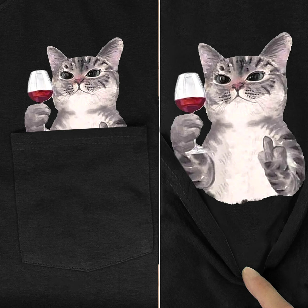 CLOOCL Cotton T-Shirt Red Wine Cat Middle Finger Pattern Printed T-shirt Men's for Women Shirts Casual Pocket Tops Cotton Tees - Lootquake