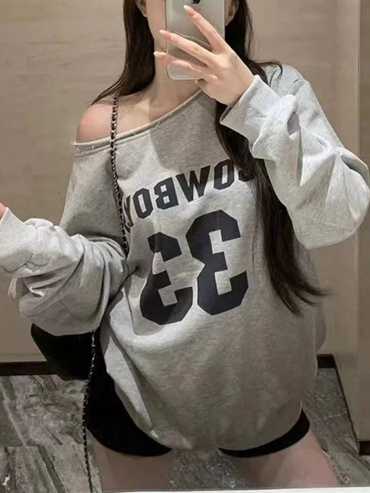 Autumn New America Retro Spice Girl Clothing Women Y2 Oblique Shoulder Long Sleeves T-shirt Female Loose Oversize Lazy Style Top - Lootquake