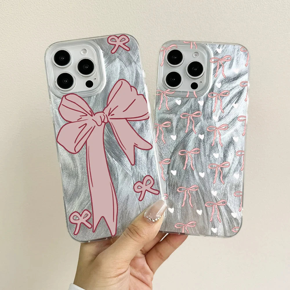 Funda para teléfono con lazo rosa y corazón blanco
