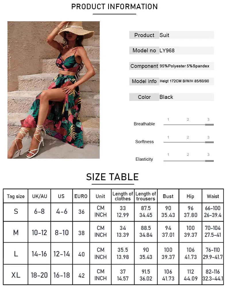 Y2K Bikini Crop Tops Long Dress Sexy Set for Women Summer Fashion Two Pieces Skirt Beach Style Floral Print Midi Sexy Boho Sets - Lootquake