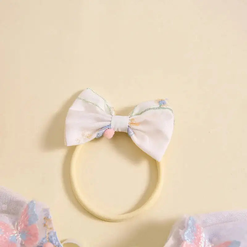 Pudcoco Baby Girl 2Piece Summer Set 3D Butterfly Flower Embroidery Fly Sleeve Mesh Romper Dress 3D Bow Headband Toddler Outfits - Lootquake