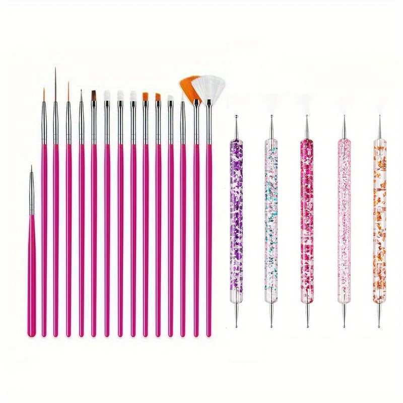 Juego de 20 pinceles para diseño, pintura, dibujo, tallado, punteo y manicura. Esmalte UV en gel acrílico sin perfume.