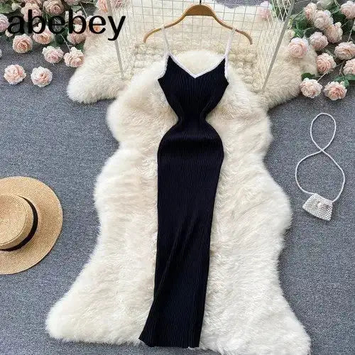Summer V Neck Knit Sexy Strap Dress Women Elatic Waist Bodycon Sundress Female Beach Backless Maxi Long Dress