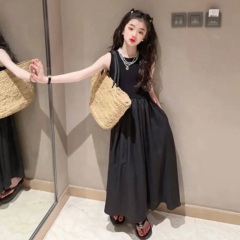 Girls Dresses 2024 New Fashionable Girls' Summer High End Black Solid Long Dress for Children's Summer Sleeveless Vest Dress - Lootquake