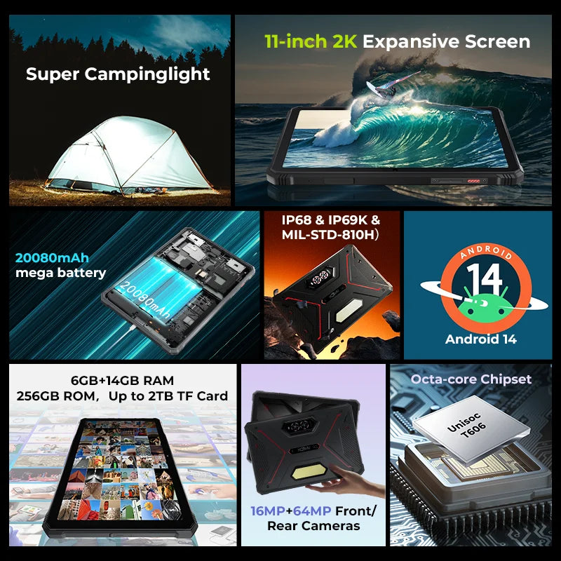 Tablette robuste HOTWAV R9 Pro 11 pouces FHD+ 2K, batterie de 20 080 mAh, Android 14, 6 Go, 256 Go, appareil photo, 4G, version internationale