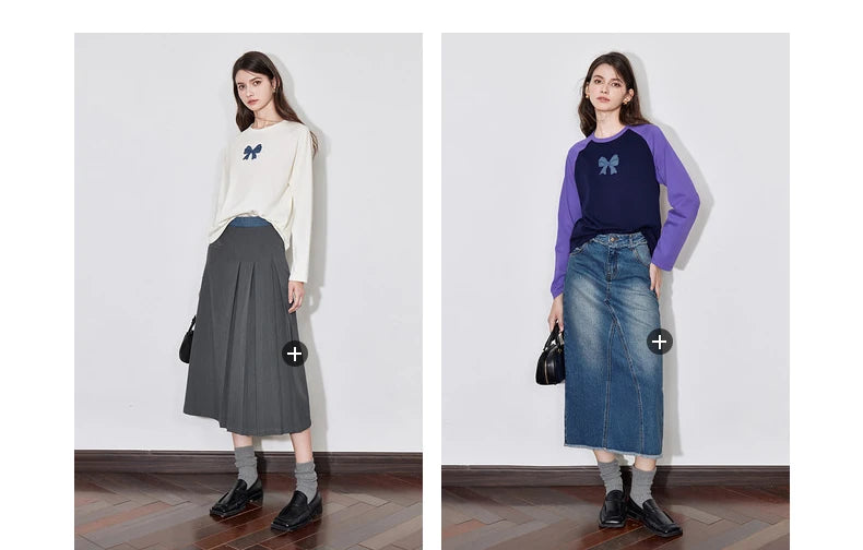 TOYOUTH Women T-shirt 2024 Autumn New Denim Bow Contrasting Color Raglan Sleeve Pullover Casual Tops - Lootquake
