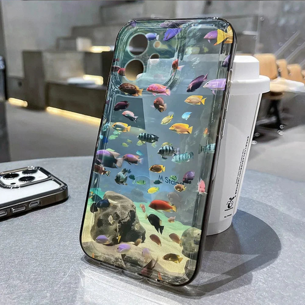 Funda transparente para teléfono con diseño de animales del océano, tiburón, delfín y pez