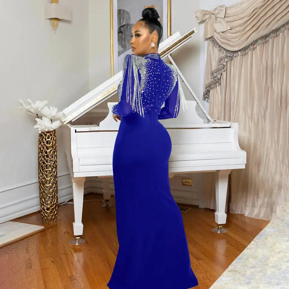 CM.YAYA Women Mesh See Through Long Sleeve Diamonds Hot Rhinestones Mermaid Long Dress Fall Evening Sexy Party Dresses Vestidos - Lootquake