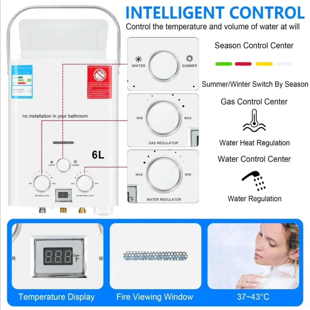 Calentador de agua instantáneo sin tanque de 6 litros para acampar al aire libre, a gas propano, con cabezal de ducha, para auto, camión y tienda de campaña.