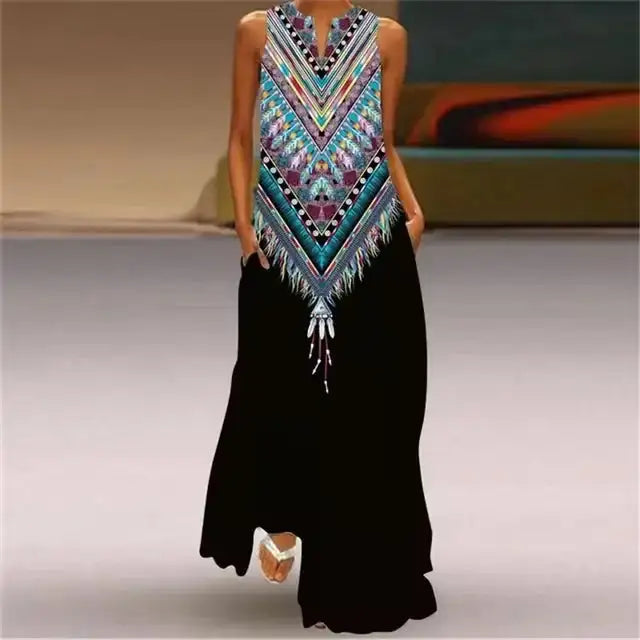 Rainbow Gradient Print Elegant Women's Dress 2024 Summer Sexy Sleeveless V-neck Evening Long Dress Women Casual Party Maxi Dress - Lootquake