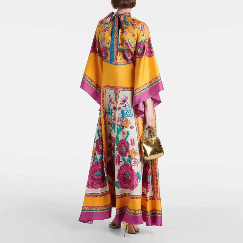 Ethnic Retro Spring Print Boho Long Dress Women Sexy Stand Collar Lace-up Party Dress Fall Long Sleeve Loose Ladies Maxi Dresses - Lootquake