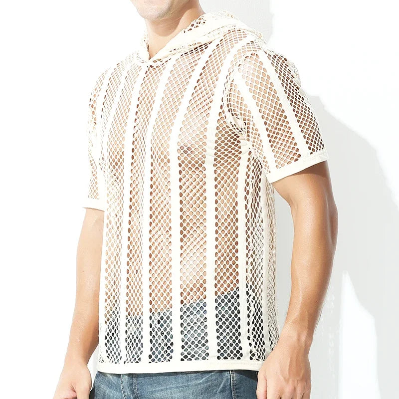 Men Mesh Shirt Transparent Long Sleeve Men Clothing Sexy Solid Party Nightclub Hooded Tops - Lootquake