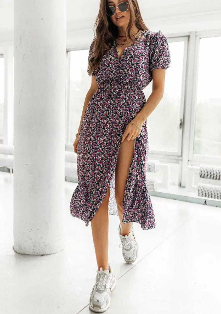 Summer Floral Print Dress Women V Neck Side Slit Long Dress Elegant Short Sleeve Button Slim Spring Female Party Dress Vestidos