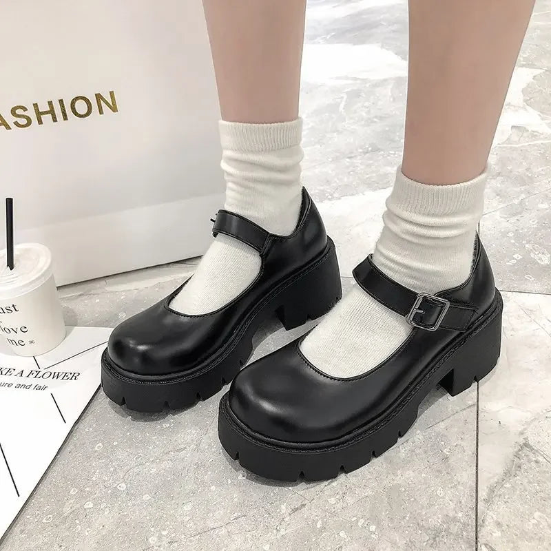Patent Leather High Heels Mary Jane Shoes Women Japanese Style Ankle Platform Pumps Woman Buckle Jk Uniform Lolita Shoes - Lootquake