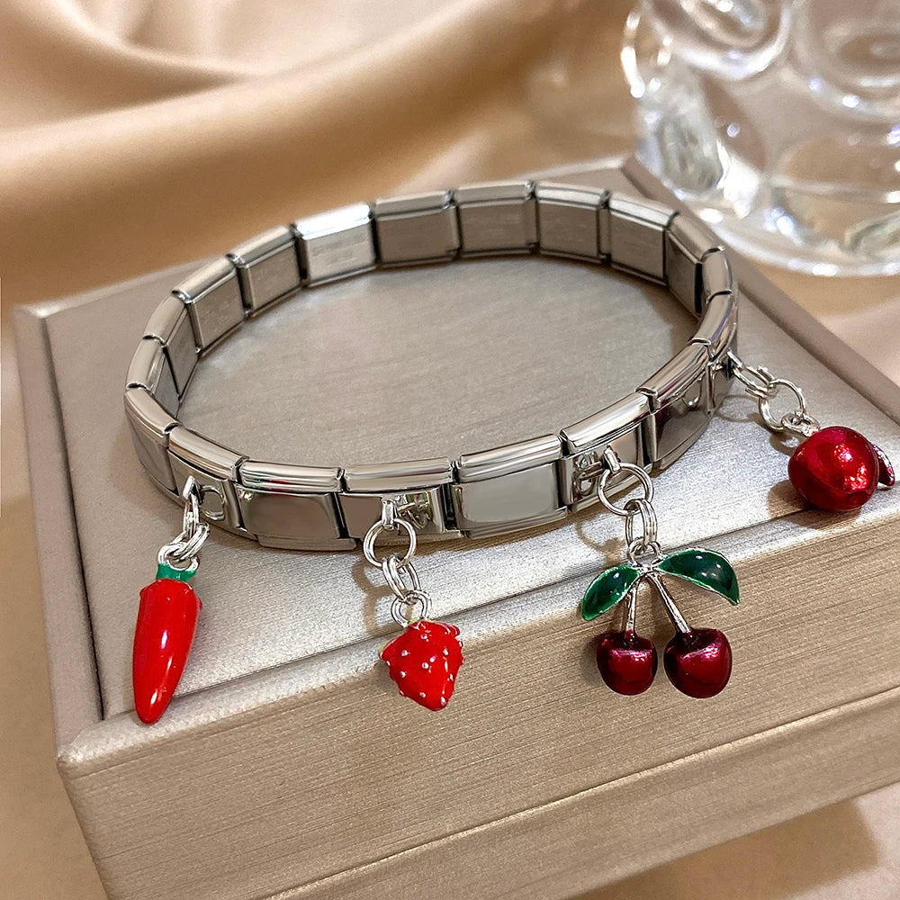 Greatera Cherry Pendant Pattern Bangle For Women Trendy 9mm Wide Design Bracelet Tide Delicacy Creative Euro-american Jewelry - Lootquake