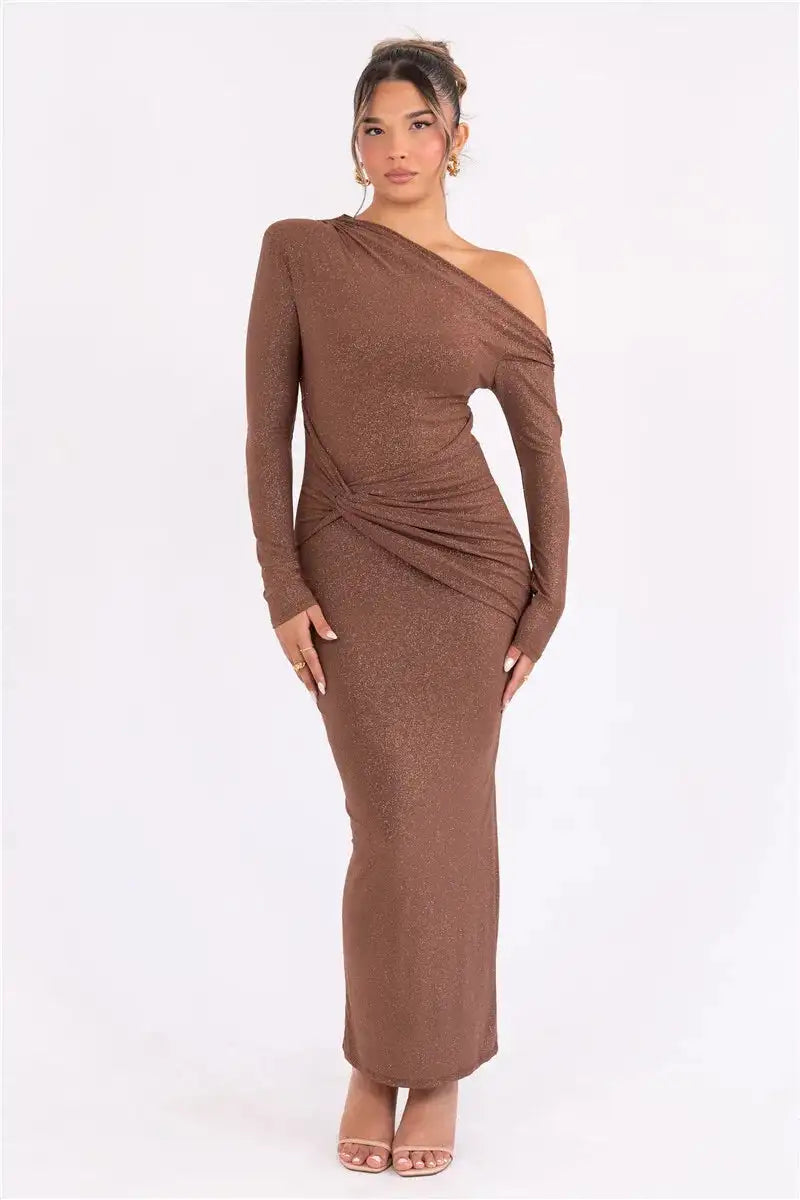 Mozision Sparkle Long Sleeve Sexy Maxi Dress For Women Inclined Shoulder Backless Bodycon Ruched Club Party Sexy Long Dress - Lootquake