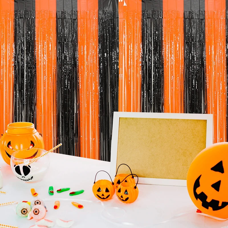 Rideau de pluie en soie avec pompons métalliques, décoration d'Halloween, noir et rouge, orange, 1 x 2 m