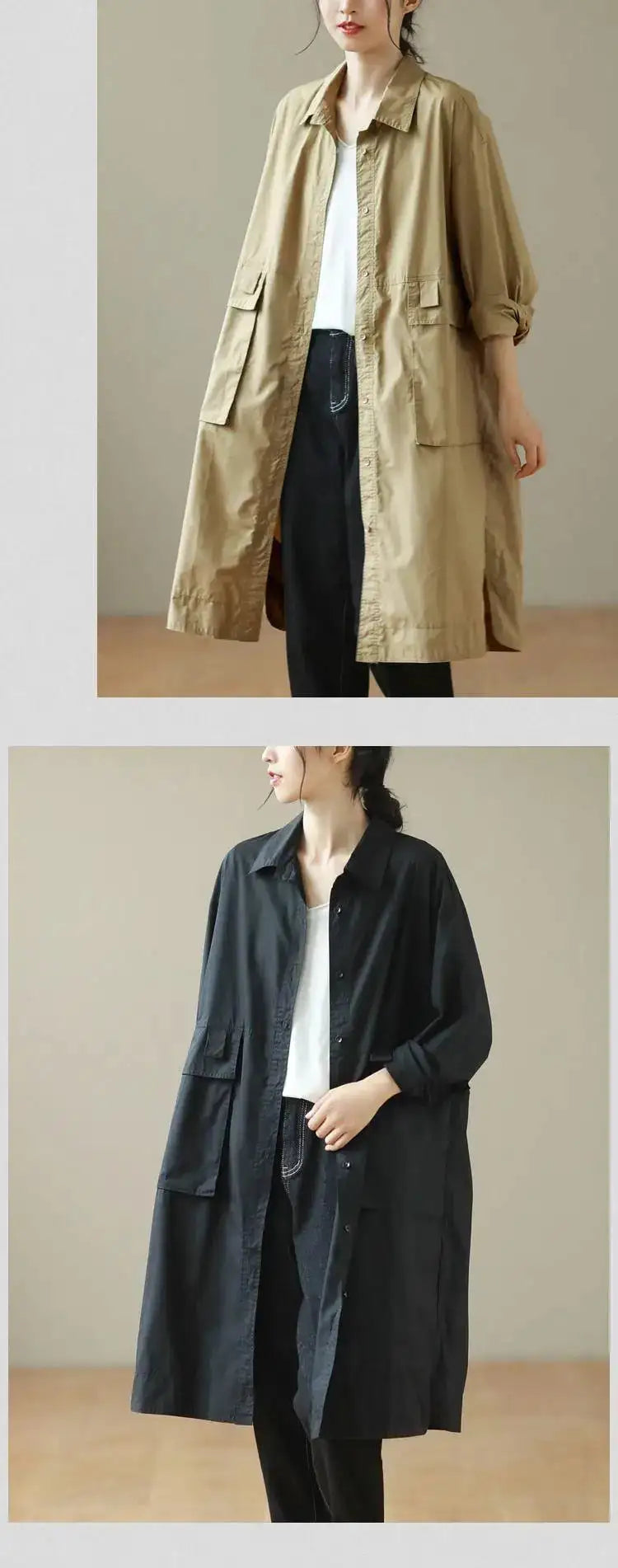 9290 Spring Fall Trench Coat Women Mid Length Windbreaker Single-breasted Double Pockets Casual Loose Overcoat Female Outerwear - Lootquake