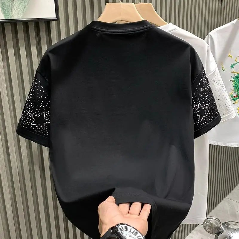 Summer Rhinestone Rivet T-shirt for Men Clothing Round Neck Casual T-shirt Fashion High Street 2024 Men's Summer Short Sleeves - Lootquake