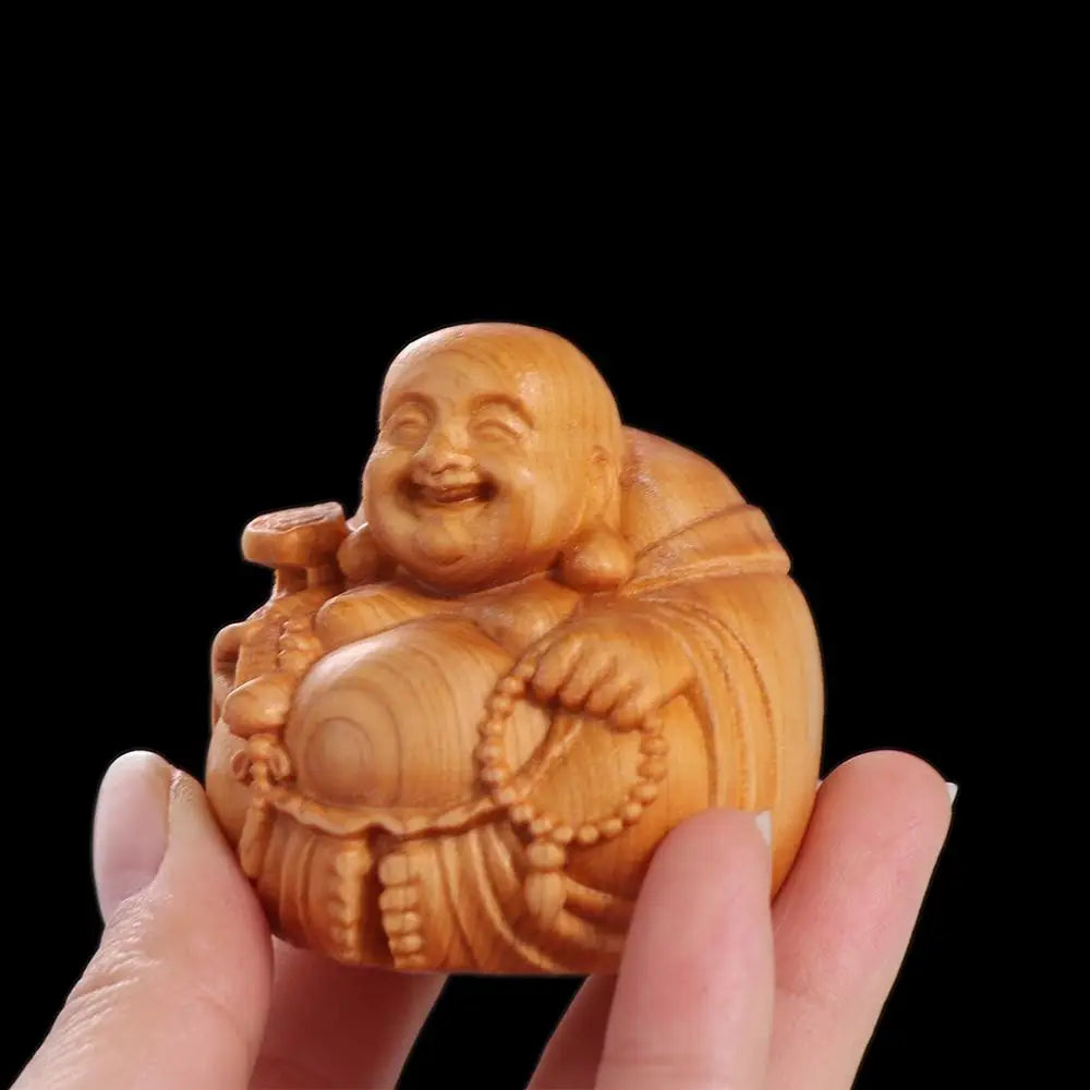 Home Decor Woodcarving Laughing Buddha Maitreya Sculpture Miniature Wooden Buddha Statue Craft Mini Handmade Statue Table Top