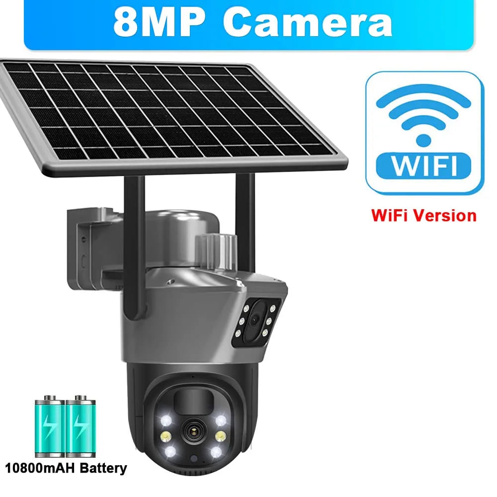 Caméra de surveillance extérieure sans fil WiFi 8MP 4K avec panneau solaire et double objectif PTZ IP