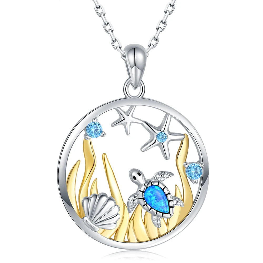 925 Sterling Silver Opal Sea Turtle Starfish Necklace Ocean Beach Necklace Mother Daughter Pendant Animal Jewelry Gift for Women - Lootquake