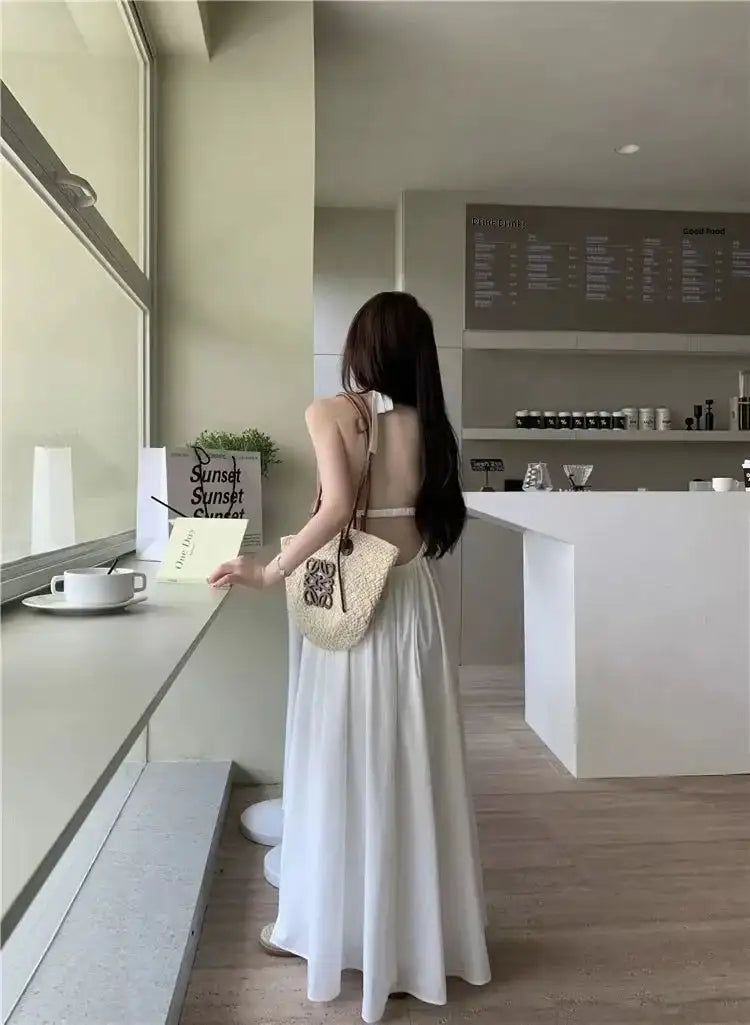 Summer Vacation Dress Thailand Style Open-back Halter Neck Age-reducing Photography Beach Long Dress Belted - Lootquake