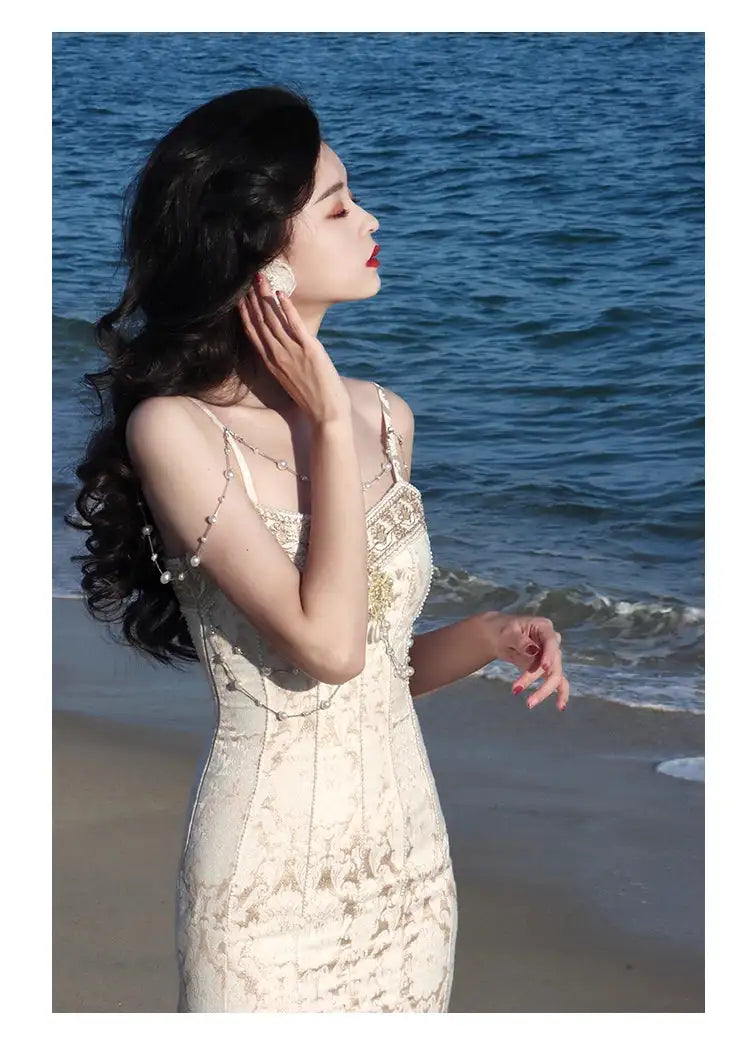 Summer Women Gorgeous Party Mermaid Prom Dress Spaghetti Strap Pearl Beading Ruffles Dress Feminine Backless Trumpet Long Dress - Lootquake