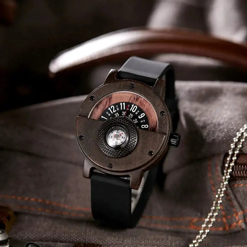 Natural Wood Watch Men Turntable Compass Dial Real Walnut Ebony Bamboo Wooden Watches Male Brown Concept Clock Quartz Wristwatch - Lootquake