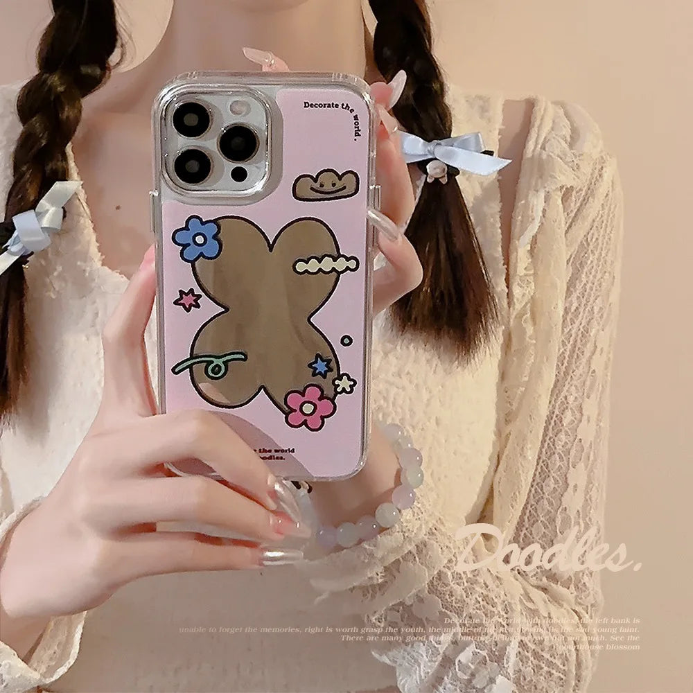 Estuche para iPhone con espejo de maquillaje y cadena, con diseño de flores, galvanizado